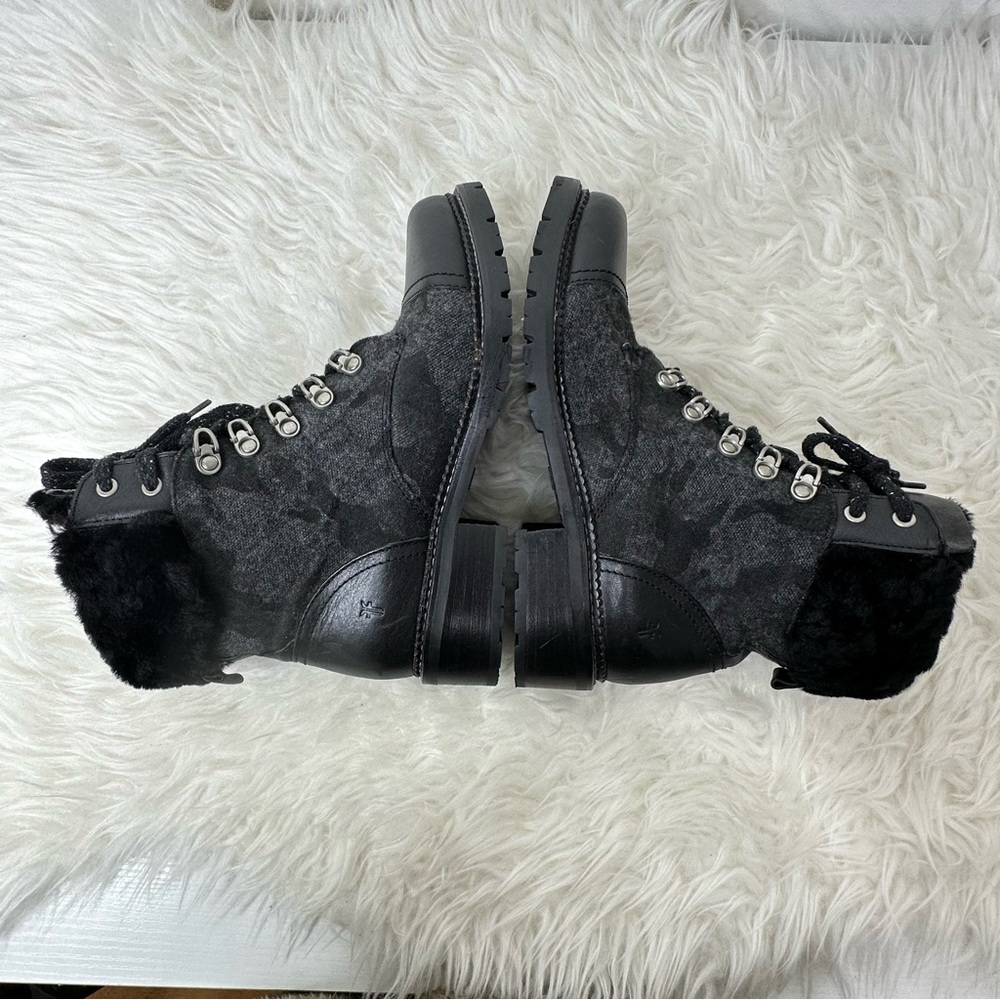 Frye Women’s Samantha Black Leather Canvas Shearling Combat Hiking Boots Size 8 - Picture 11 of 15